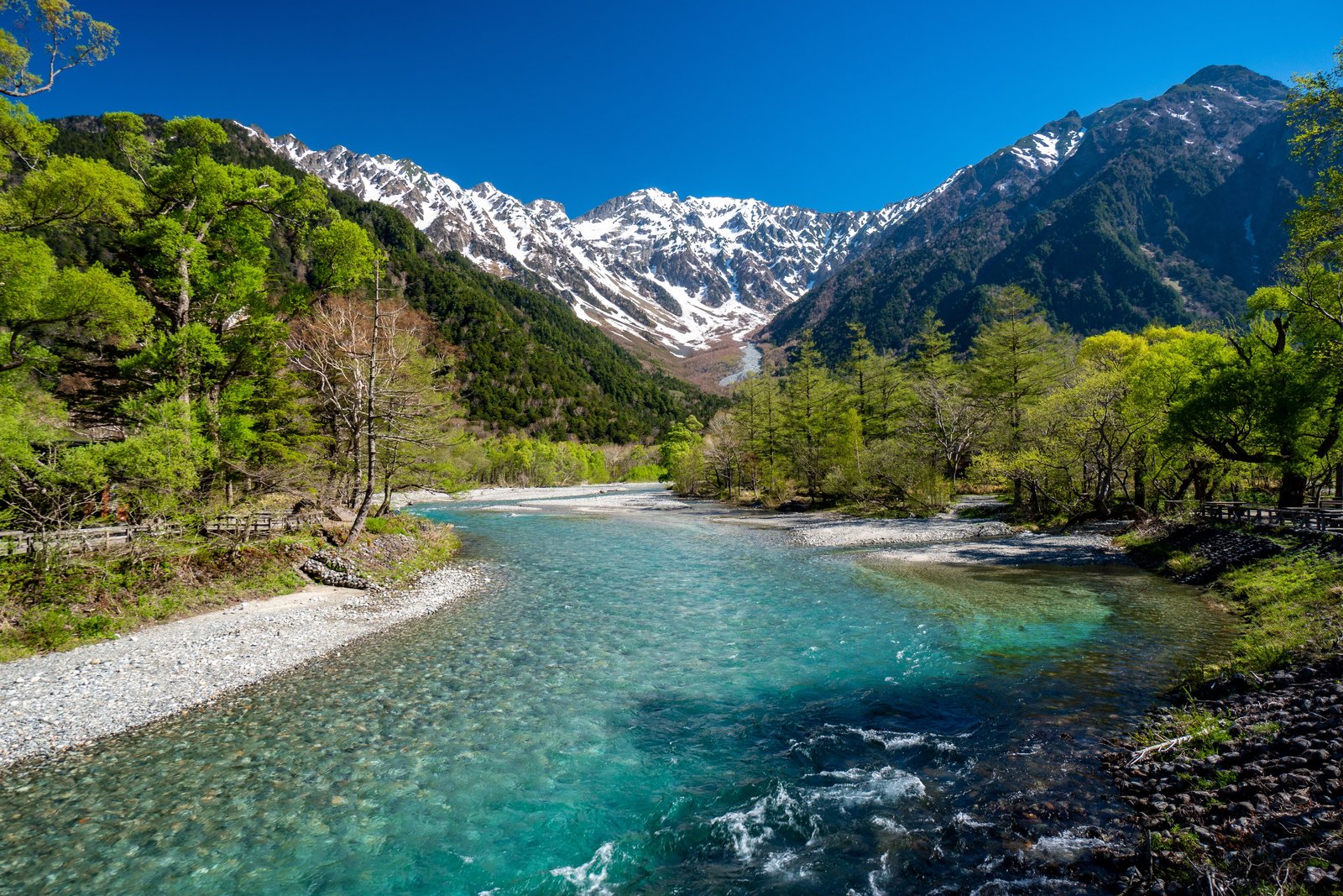 The Azusa River winding toward the snow-capped Hotaka mountain range near Kappa Bridge