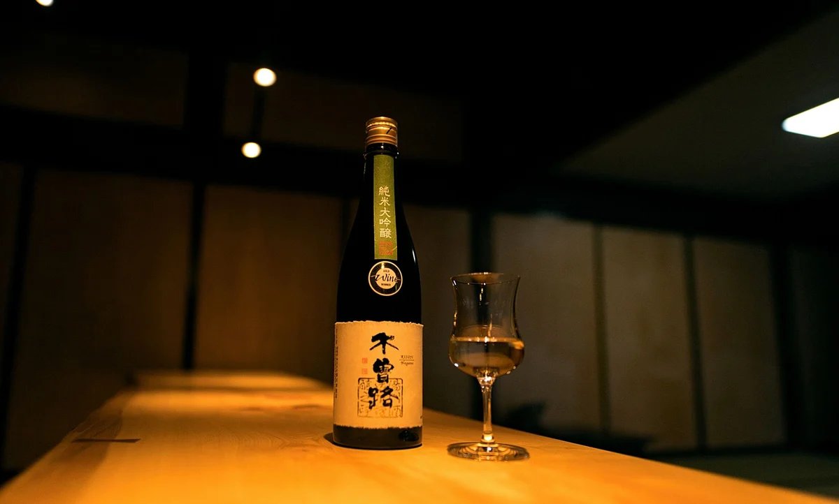 A bottle of Kisoji junmai daiginjo sake and a tasting glass